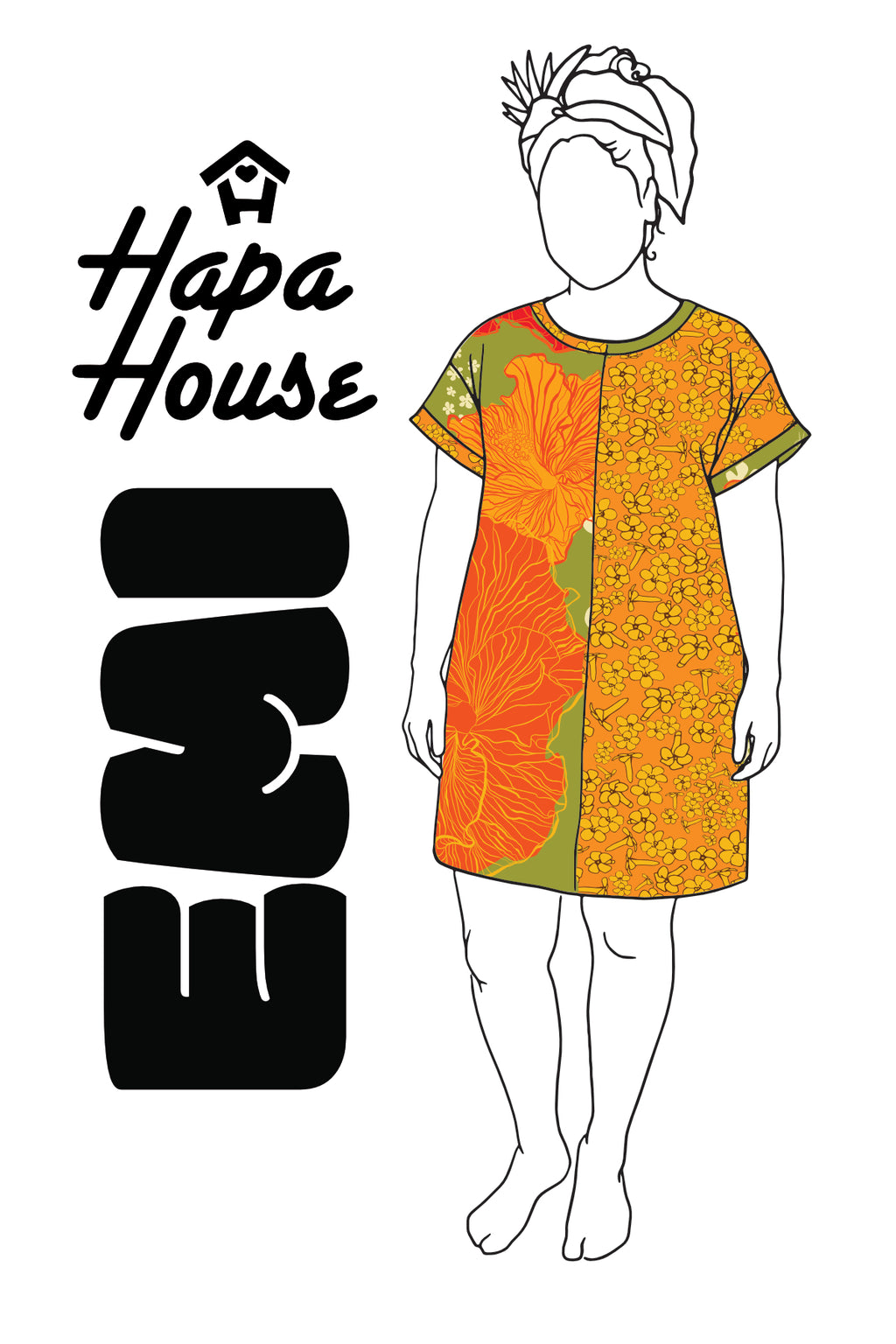 EMI Dress in Orange and Green retro hibiscus and Tiny Puakenikeni